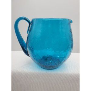 Blenko 3750L Crackle-Bark- Glass Turquoise Blue Teal Pitcher 5-1/2" Tall